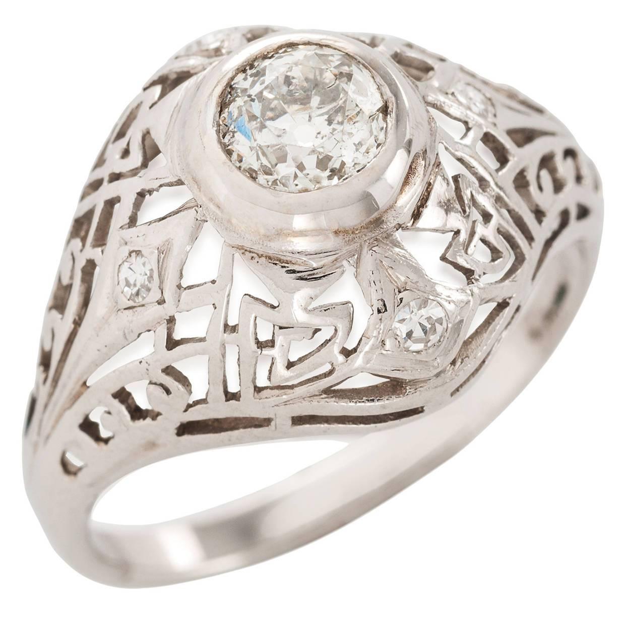 Art Deco Diamond Gold Dome Shape Filigree Ring