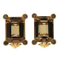 Emerald Cut Topaz Diamond Gold Clip Earrings