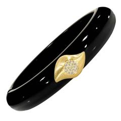 Susan Sadler Vintage Black Bakelite White Diamond Gold Two Piece Cuff Bracelet 8