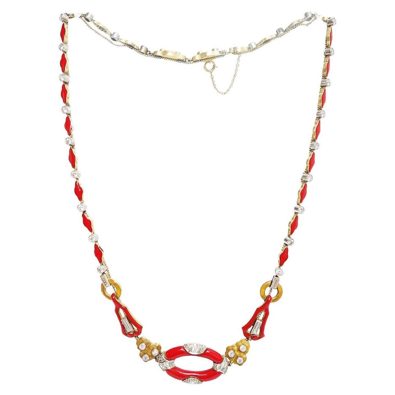Art Deco Red Enamel Diamond Gold Platinum Necklace For Sale