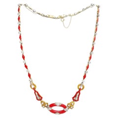Art Deco Red Enamel Diamond Gold Platinum Necklace