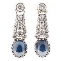 Antique Oval Cabochon Sapphire Diamond Platinum Gold Dangle Earrings
