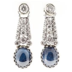 Oval Cabochon Sapphire Diamond Platinum Gold Dangle Earrings 12
