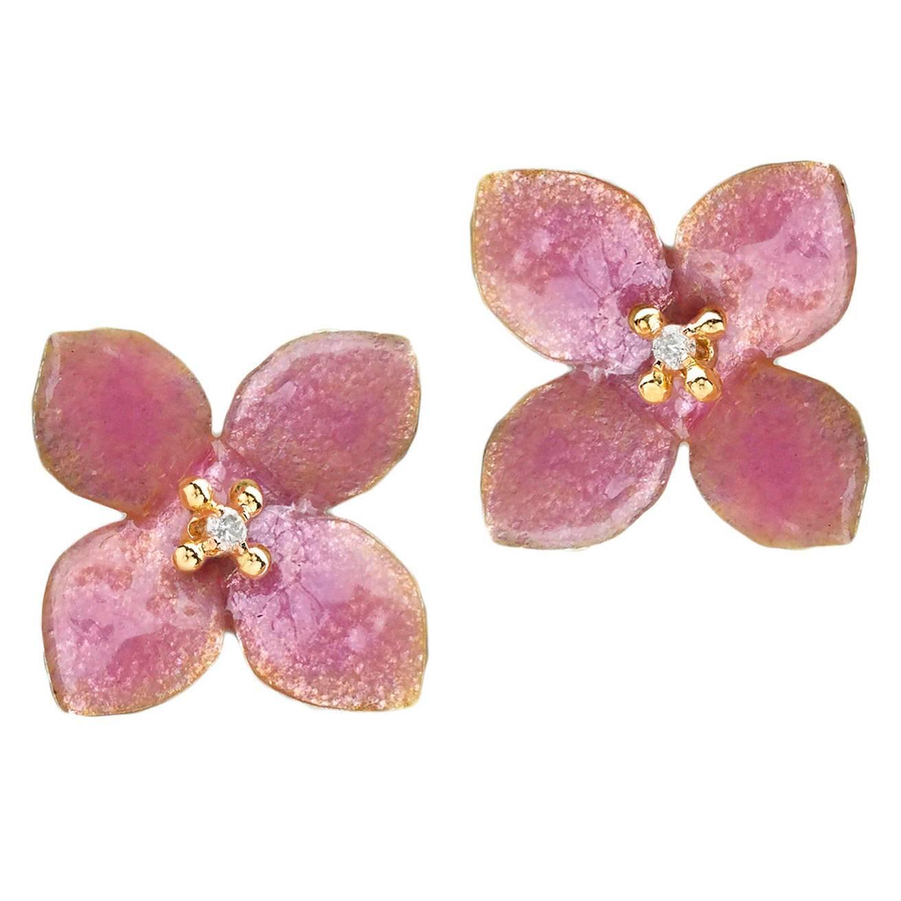 Russell Trusso Handmade Pink Enamel White Diamond Gold Blossom Earrings