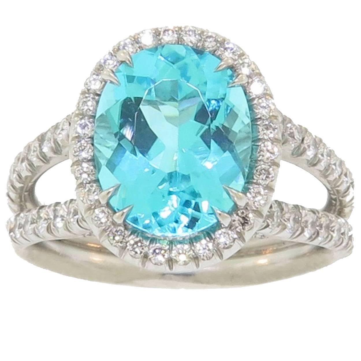 Oval Mozambique Paraiba Tourmaline and Diamond Halo Platinum Ring