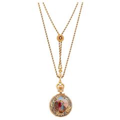 Ladies Yellow Gold Diamond Enamel Hunting Case Pendant Watch 11
