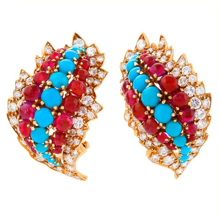 David Webb 1960s Diamond Turquoise Ruby and Gold Earrings