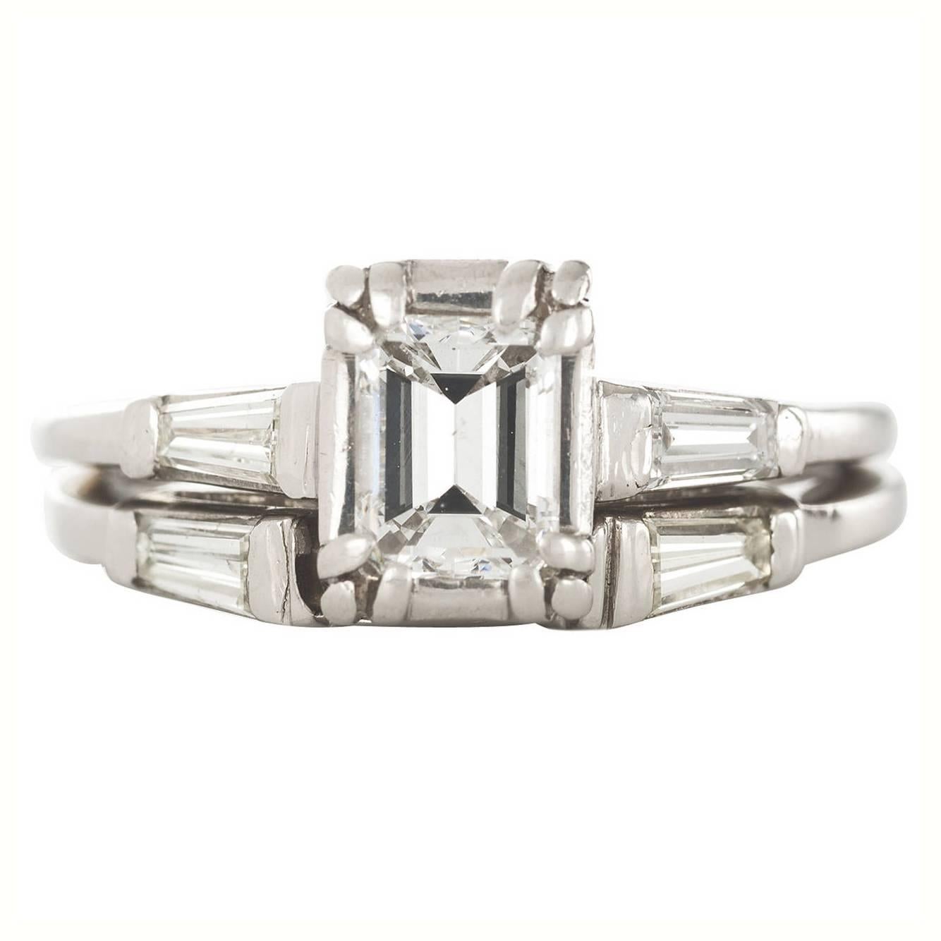 Diamond Emerald Cut Platinum Engagement Ring 1950