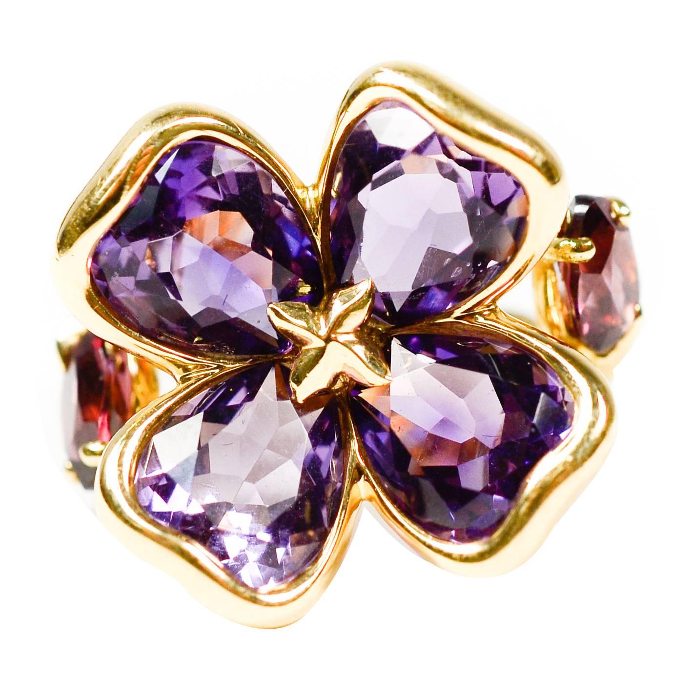 Chanel Camellia Purple Amethyst Gold Ring For Sale