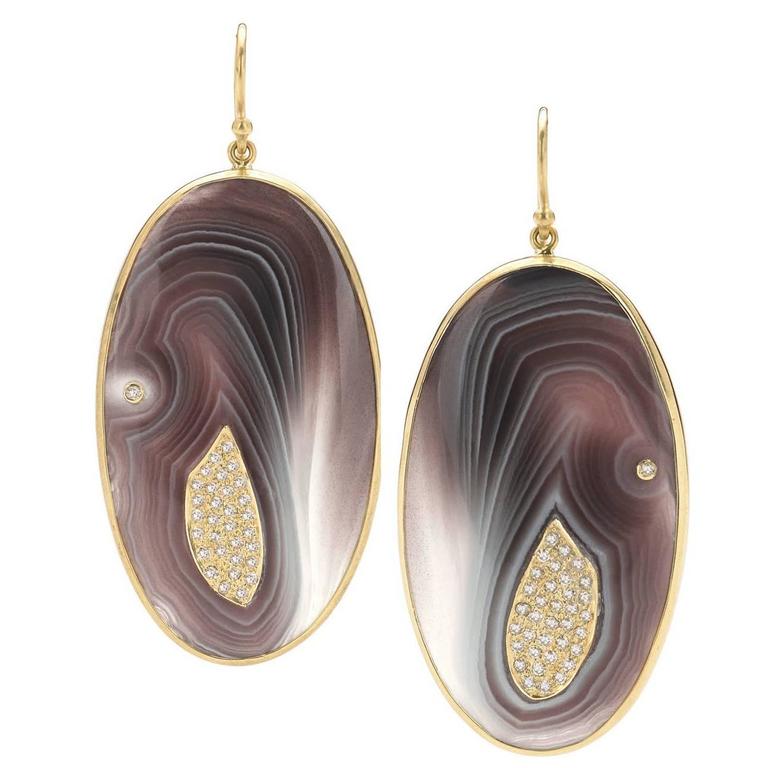 Kothari Botswana Agate Inlaid Diamond Gold Wave Earrings For Sale at