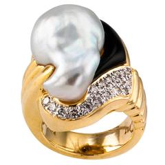 Baroque South Sea Pearl Onyx Diamond Gold Ring 10