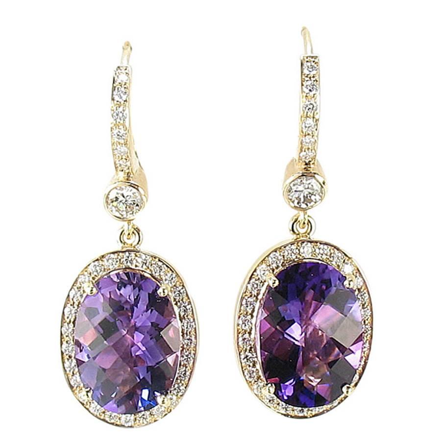 Stunning Amethyst Diamond Gold Drop Earrings For Sale