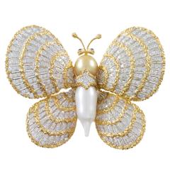 Pearl Diamond Two Color Gold Butterfly Brooch