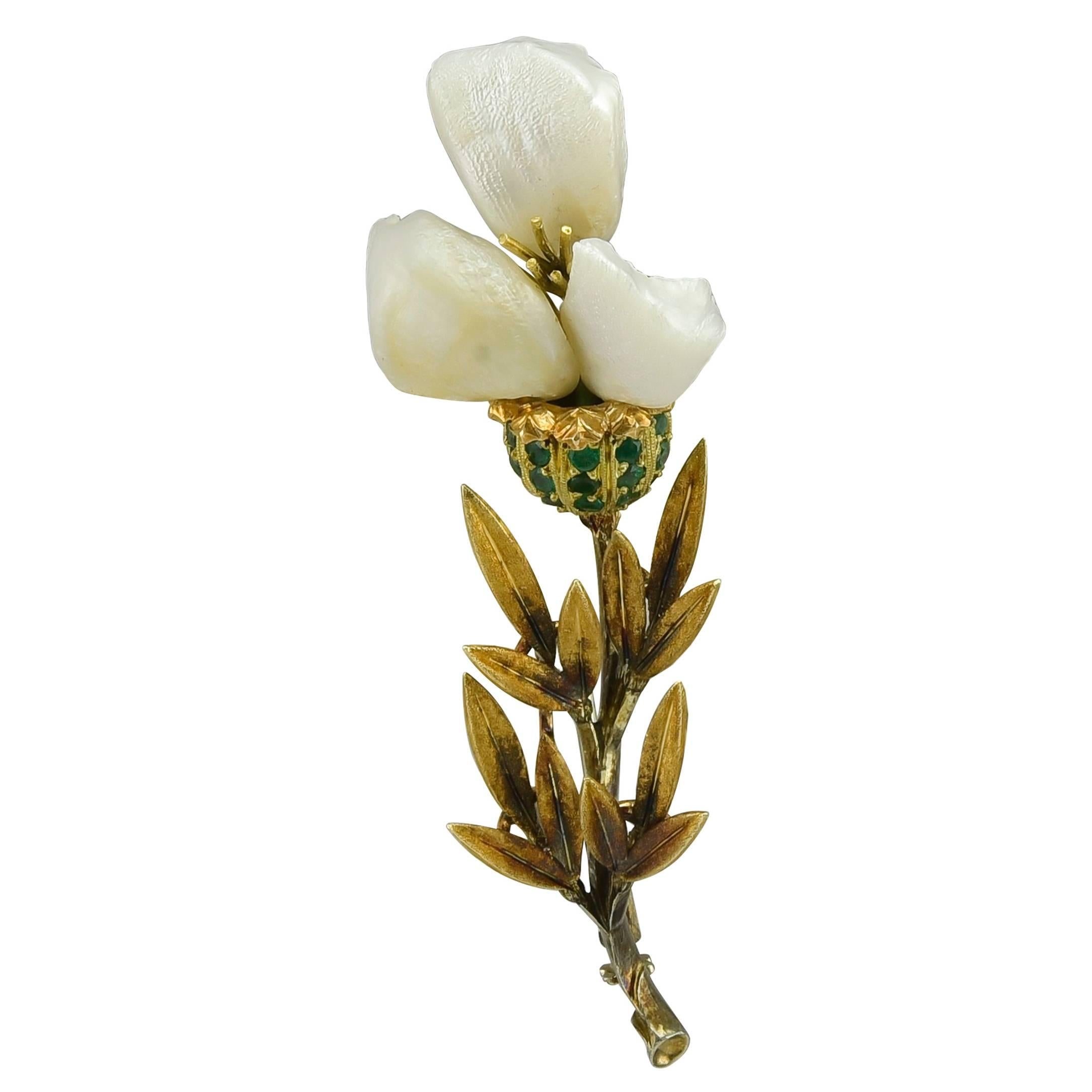 Buccellati Pearl Green Garnet Gold Flower Brooch For Sale