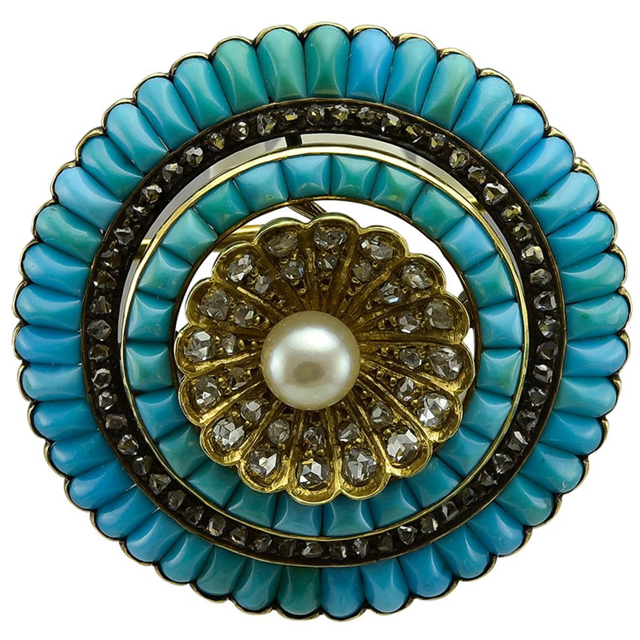 Antique Turquoise Pearl Diamond Gold Pendant Brooch
