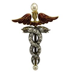 Fine Victorian Red Enamel Pearl Diamond gold Caduceus Brooch