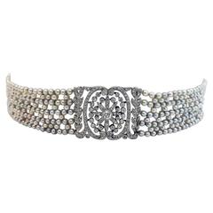 Belle Époque Edwardian Natural Pearl Diamond Platinum Choker 9