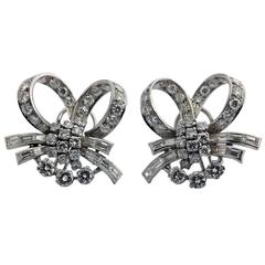 1960s Diamond Platinum Ribbon Ear Clips 1