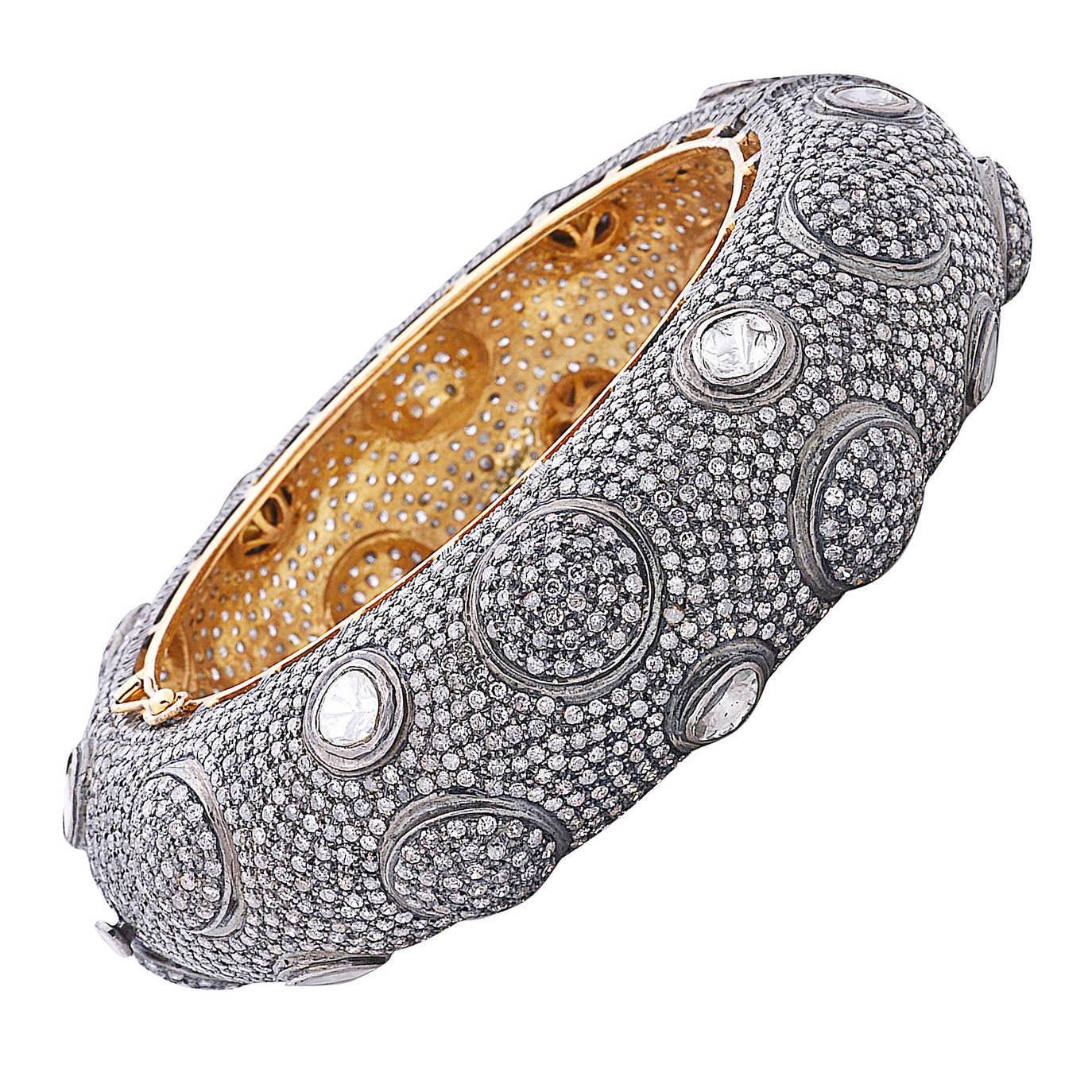 Pave-Diamant-Armband mit Diamanten im Rosenschliff aus 14 Karat Gold und Silber