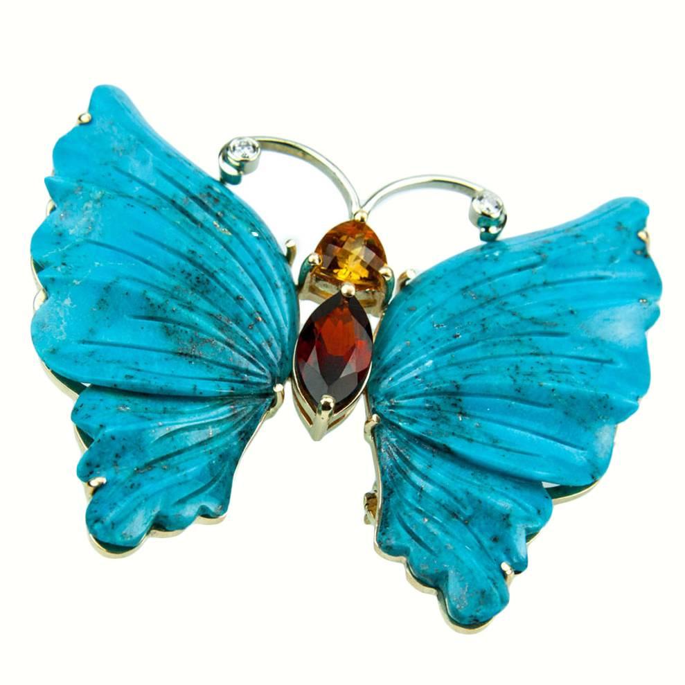Turquoise Butterfly and Gold  Statement Brooch Pin Pendant Fine Estate Jewelry