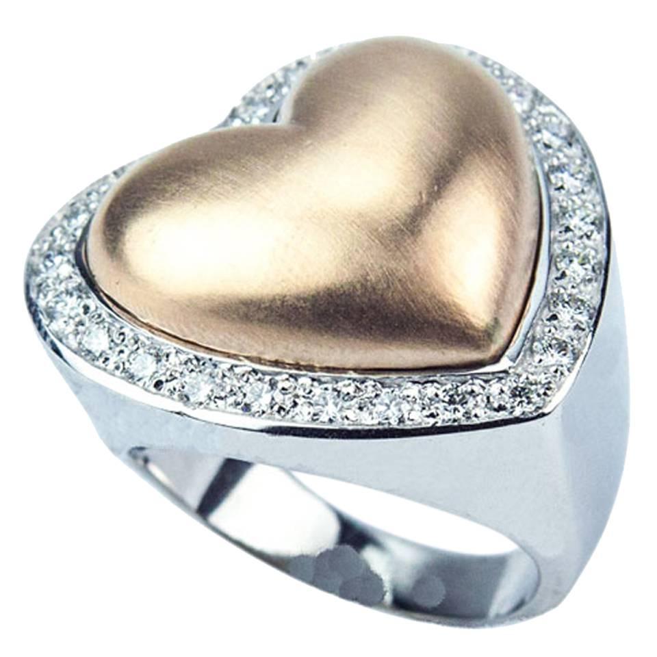 Heart Within a Heart Diamond Vintage 2-Tone Gold Ring Estate Fine Jewelry For Sale