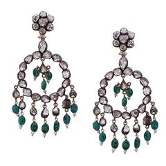 Emerald Rose Cut Diamond Silver Gold Chandelier Earrings