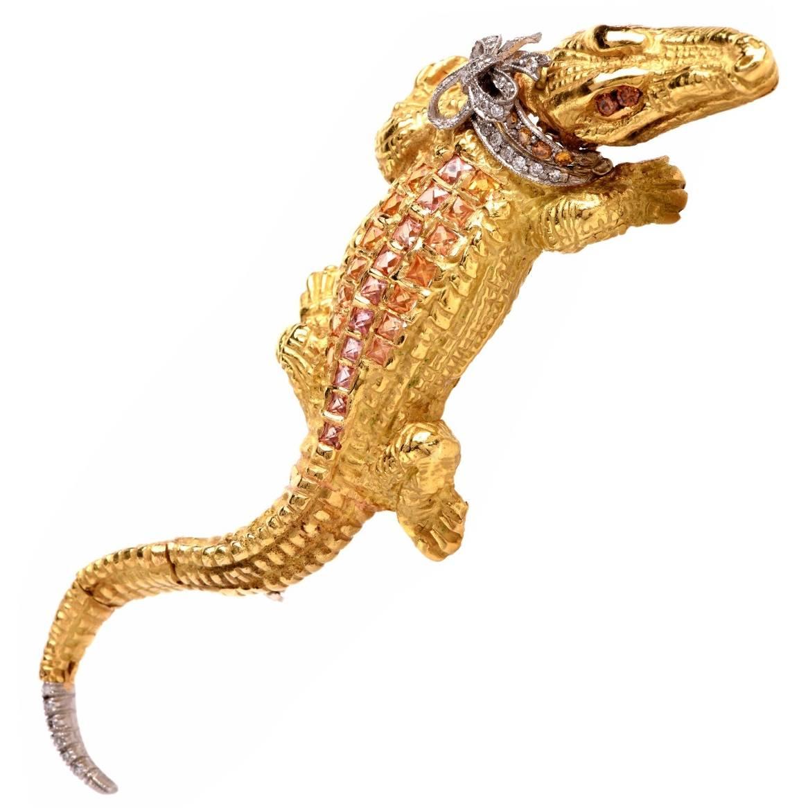 Capello Italy Sapphire Diamond Gold Alligator Lapel Brooch