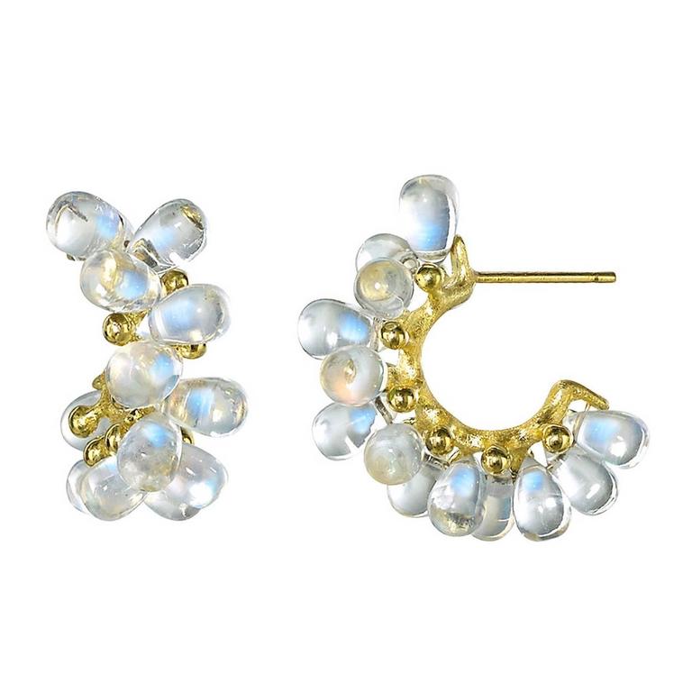 Joseph Murray Blue Moonstone Smooth Briolette Satin Gold Cluster Hoop Earrings For Sale