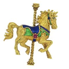 1970s Gold and Ruby Enamel Horse Carousel Brooch Pin