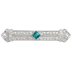 0.48Ct Emerald & 1.29Ct Diamond, Platinum Brooch - Art Deco Style - Antique 5