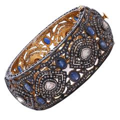 Rose Cut Diamond Sapphire Gold Silver Bangle Bracelet 4