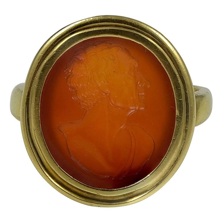 Handsome Gold Ring set with a Carnelian Intaglio of a man at 1stDibs