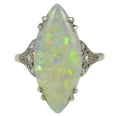 Edwardian Marquise shaped Opal Diamond Platinum Ring