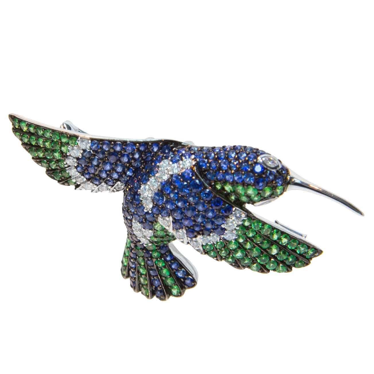 Exquisite Tsavorite Garnet Sapphire Diamond Gold Hummingbird Brooch Pin