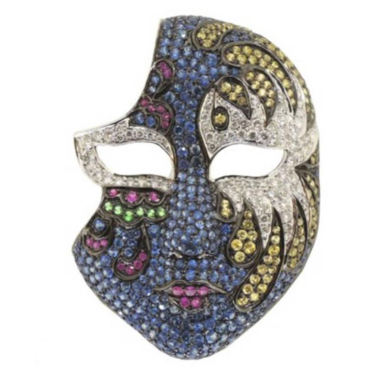 Fabulous Gemstone Sapphire Diamond Gold Face Mask Pin For Sale
