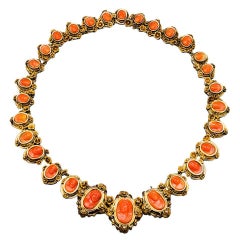 1870s Carved 18k Coral Gold Link Necklace, Torre del Greco, Italy