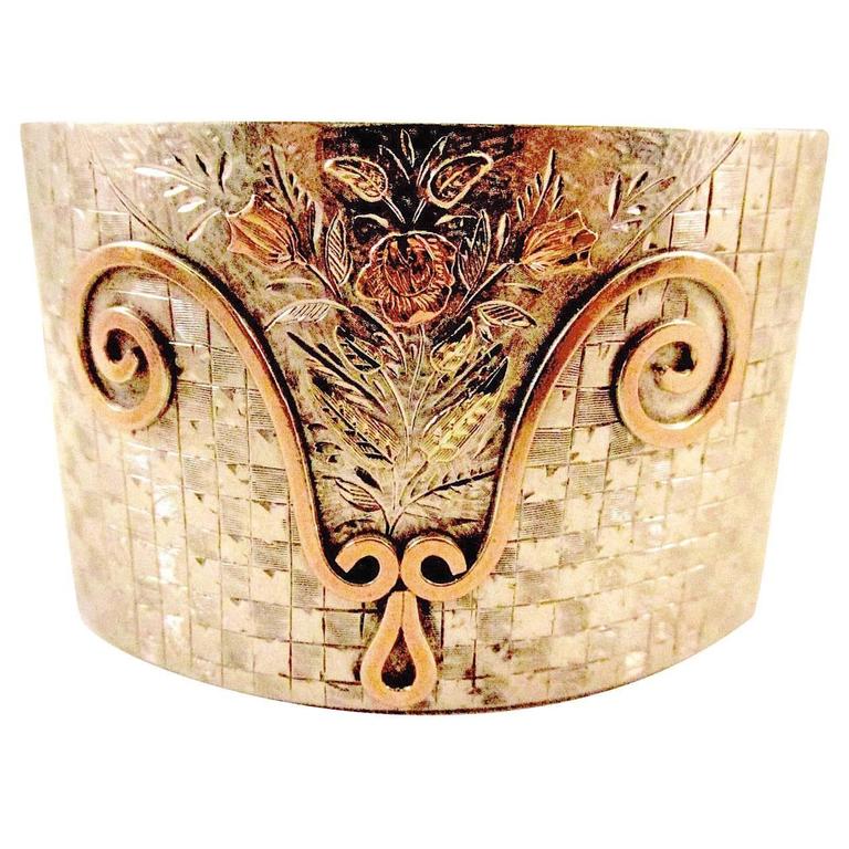 Antique Silver Two Color Gold Floral Motif Bangle Bracelet For Sale at 1stDibs