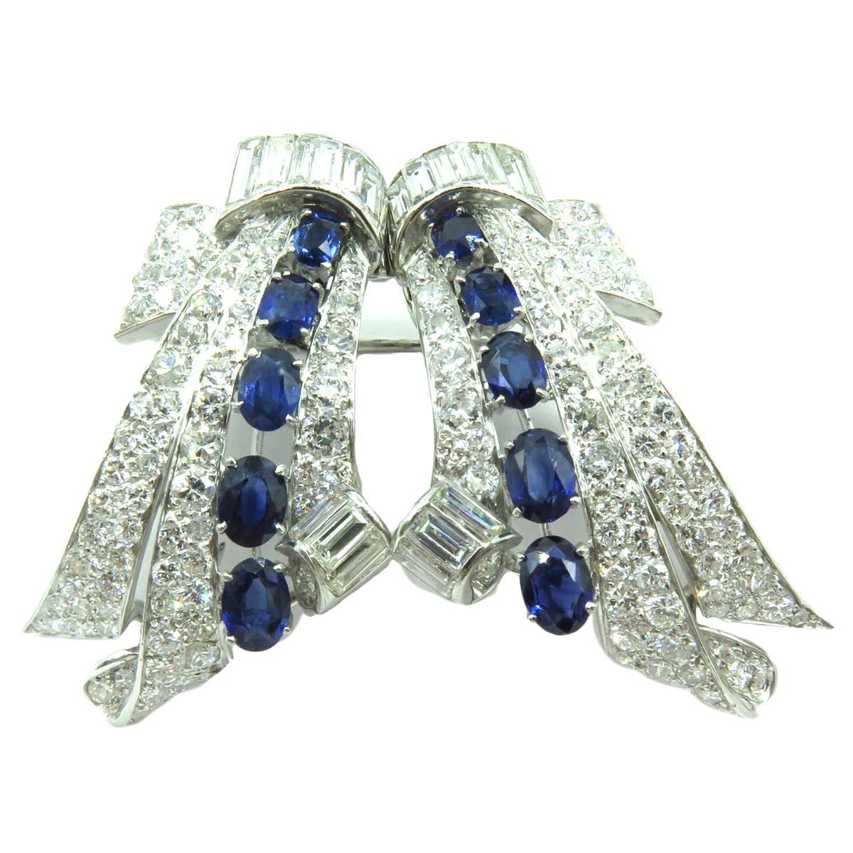 Exquisite 1930s Sapphire Diamond Platinum Double Dress Clip Pin