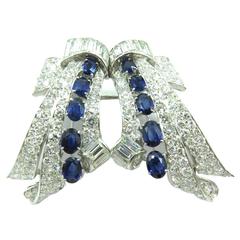 Vintage Exquisite 1930s Sapphire Diamond Platinum Double Dress Clip Pin