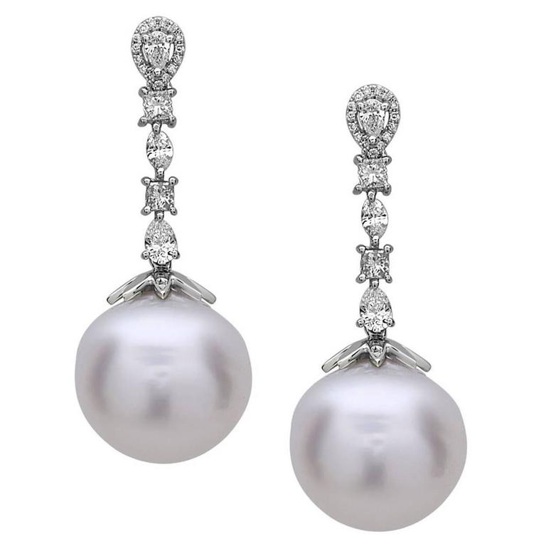 Beautiful Pearl Diamond Pearl Dangle Earrings at 1stDibs