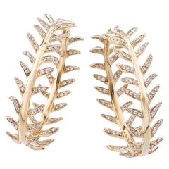 Diamond Pave Gold Fern Hoop Earrings 8