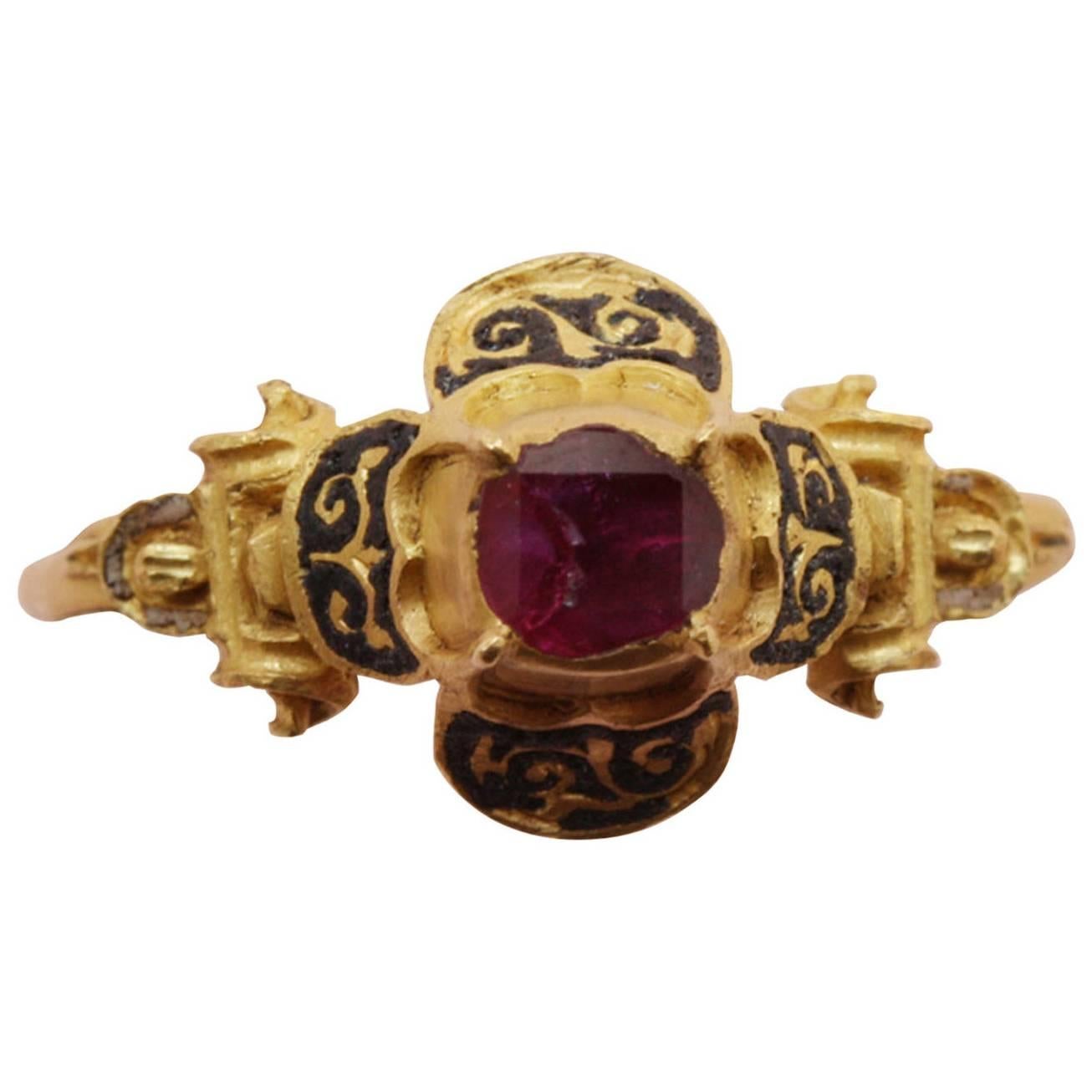 16th Century Ruby Gold Quatrefoil Renaissance Ring