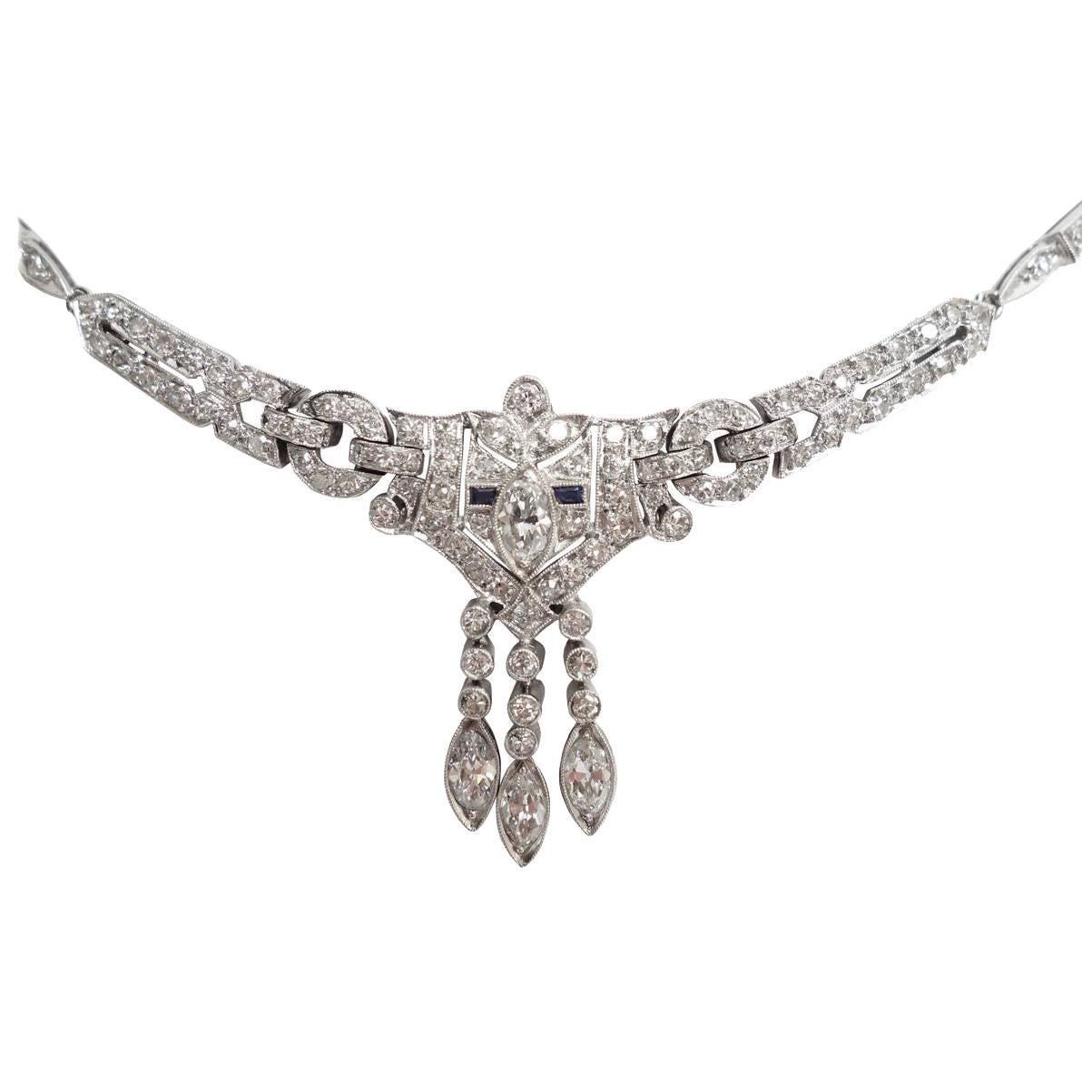 Elegant Art Deco Sapphire Diamond Platinum Necklace