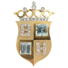 Gorgeous Aquamarine Diamond Gold Platinum Crown and Shield Brooch