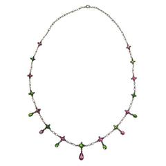 Antique Edwardian Pink Sapphire Demantoid Garnet Diamond Gold Link Necklace