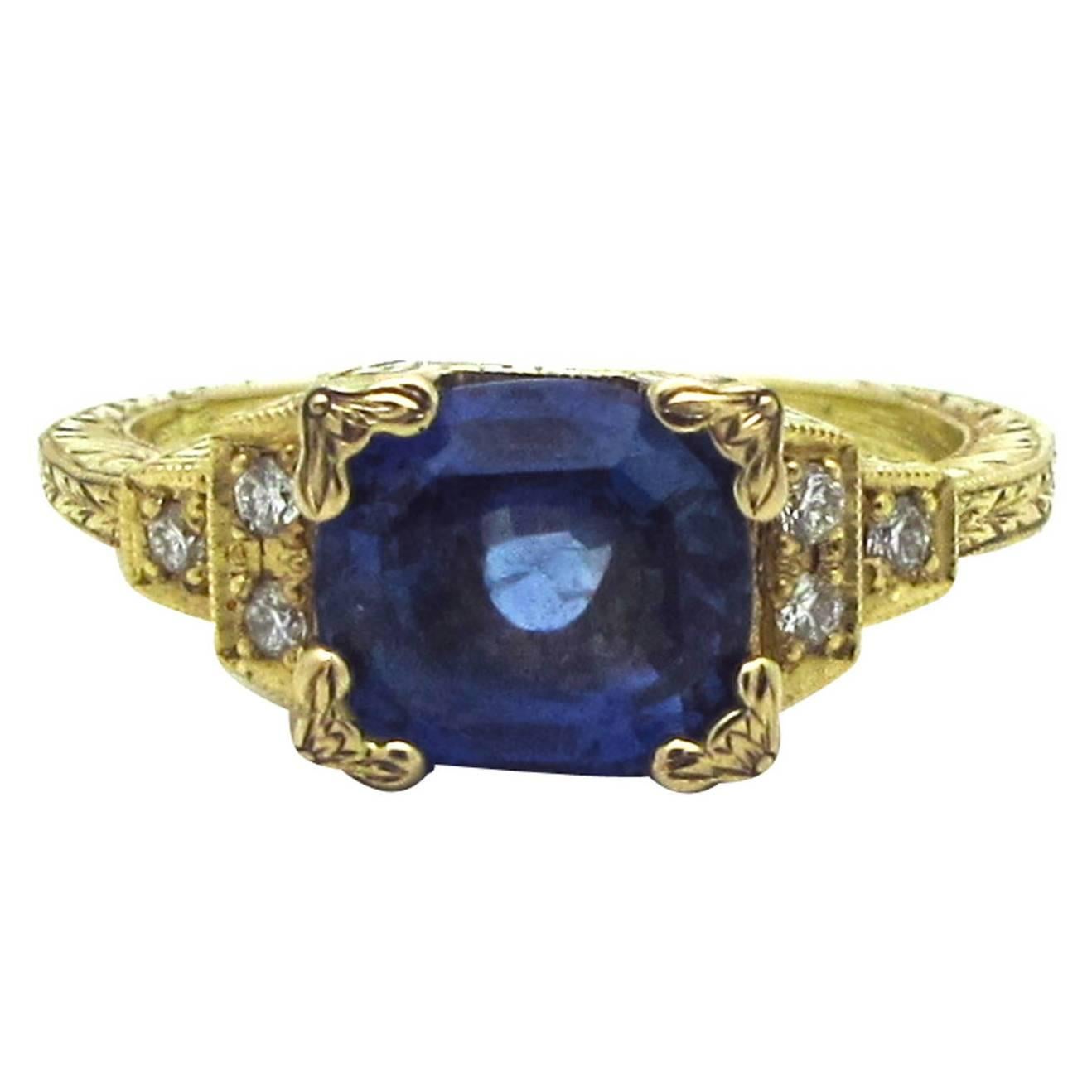 Sapphire Diamond Gold Engagement Ring in the Style 1930 Egraved