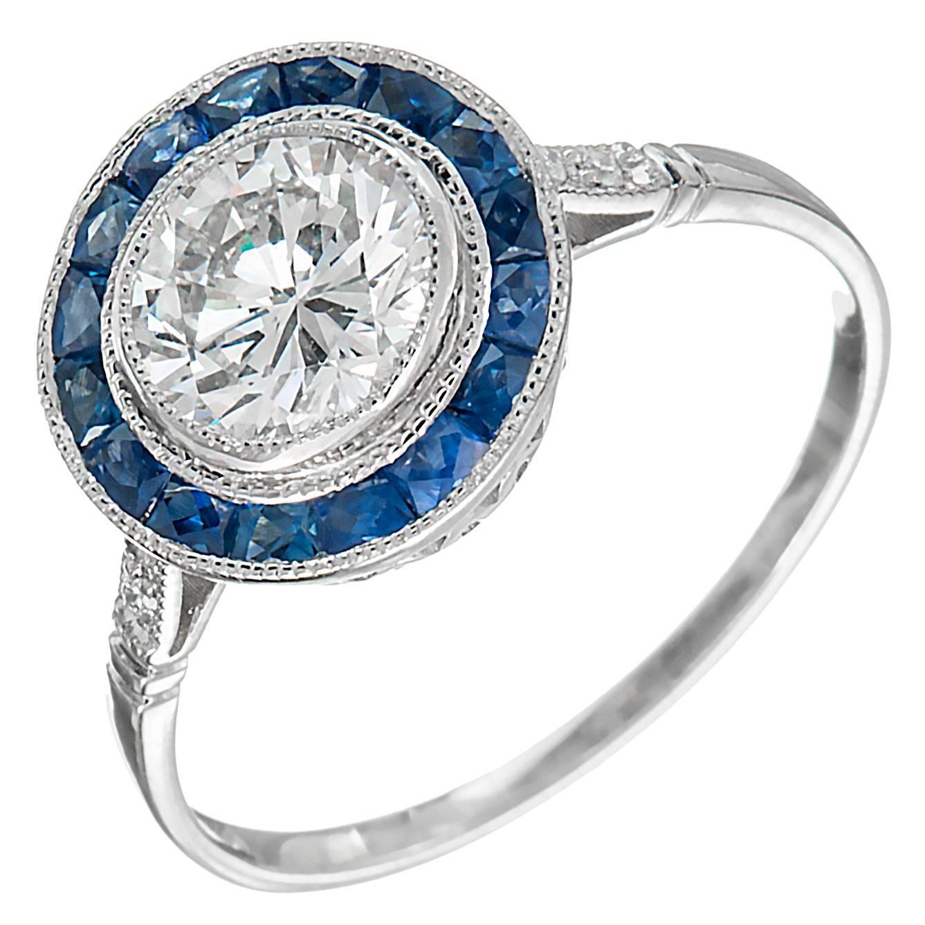 Diamond Sapphire Halo Platinum Engagement Ring For Sale at 1stdibs