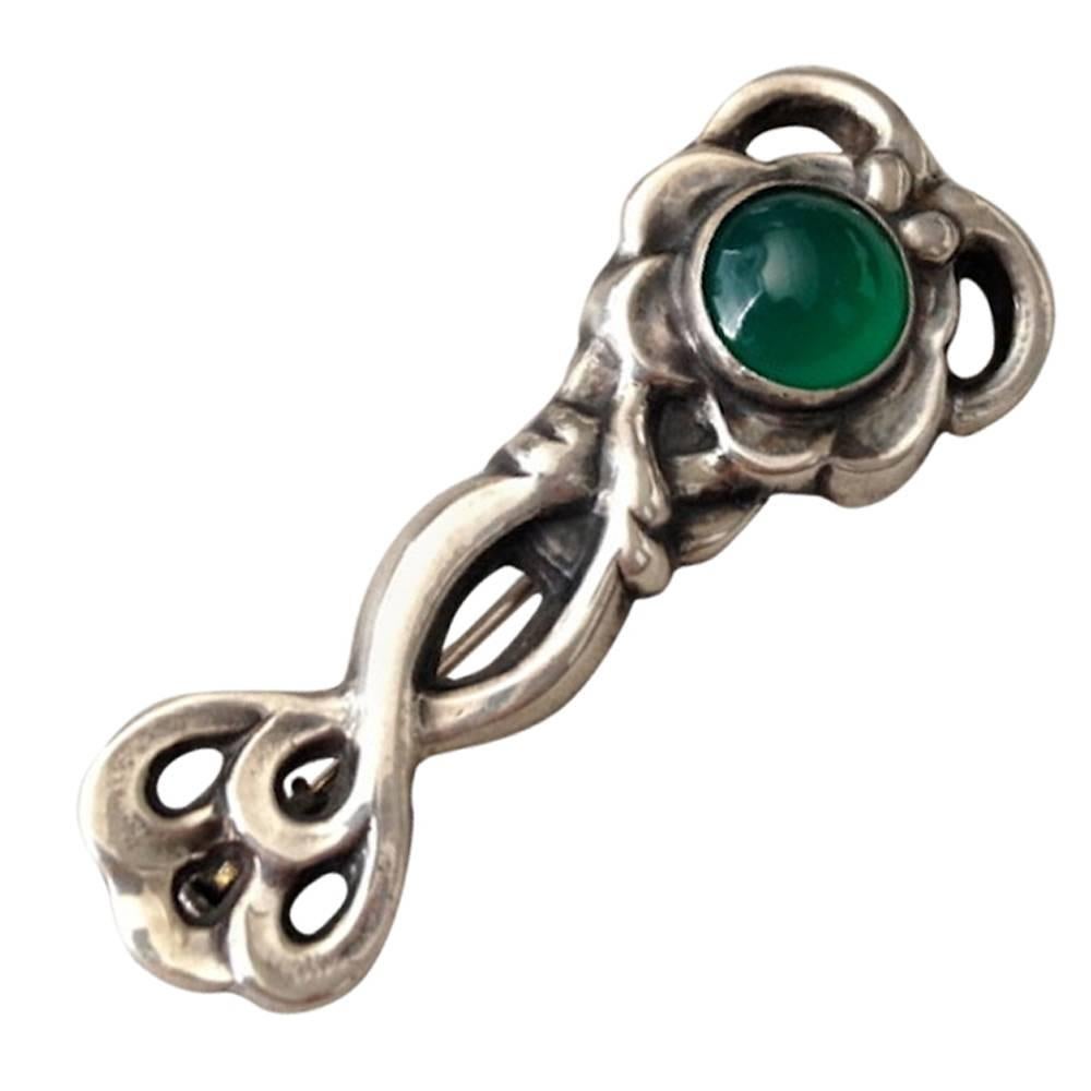 Georg Jensen Chrysoprase Cabochon Sterling Silver Brooch No. 72 For Sale