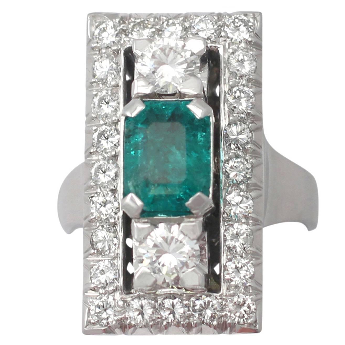 1.07Ct Emerald & 1.78Ct Diamond Dress Ring - Art Deco Style - Vintage French