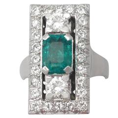 1.07Ct Emerald & 1.78Ct Diamond Dress Ring - Art Deco Style - Vintage French